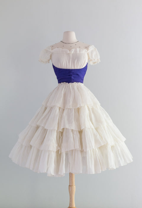 Darling 1950's Ivory Organdy Tiered Party Dress W/ Sash / Small