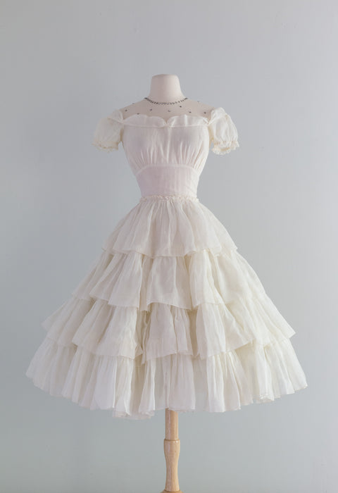 Darling 1950's Ivory Organdy Tiered Party Dress W/ Sash / Small