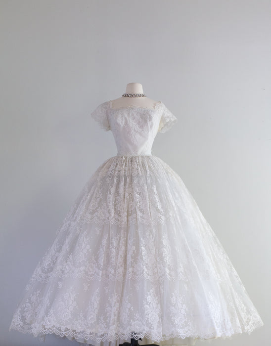 Spectacular 1950's Chantilly Lace Wedding Gown Lined in Pale Blue By C Xtabay Vintage Spectacular 1950's Chantilly Lace Wedding Gown Lined in Pale Blue By C Xtabay Vintage
