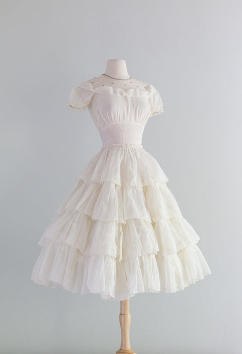 Darling 1950's Ivory Organdy Tiered Party Dress W/ Sash / Small