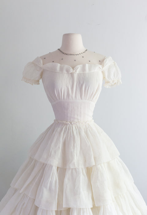 Darling 1950's Ivory Organdy Tiered Party Dress W/ Sash / Small