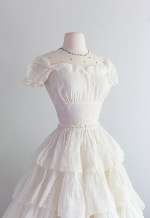 Darling 1950's Ivory Organdy Tiered Party Dress W/ Sash / Small