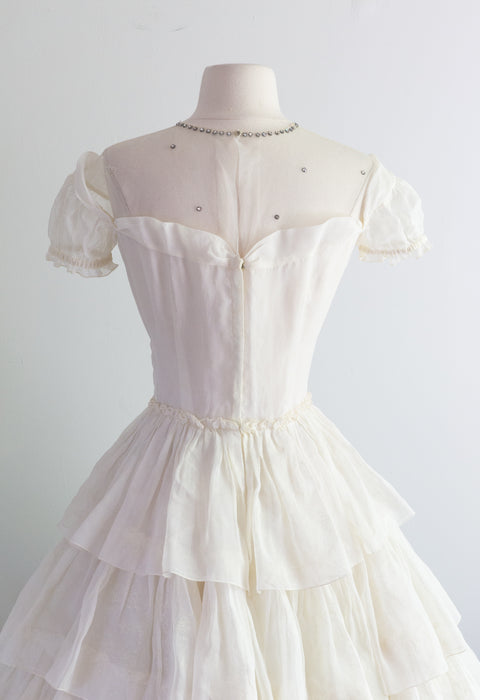 Darling 1950's Ivory Organdy Tiered Party Dress W/ Sash / Small