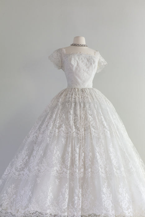 Spectacular 1950's Chantilly Lace Wedding Gown Lined in Pale Blue By Cahill / Medium