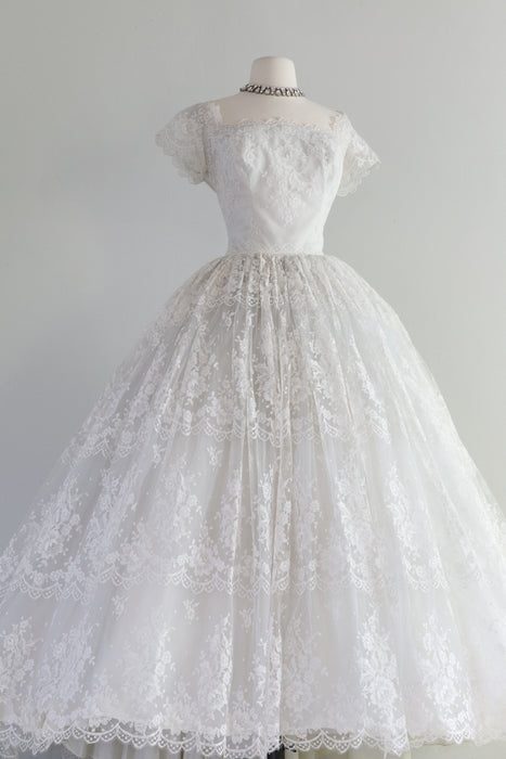 Spectacular 1950's Chantilly Lace Wedding Gown Lined in Pale Blue By Cahill / Medium