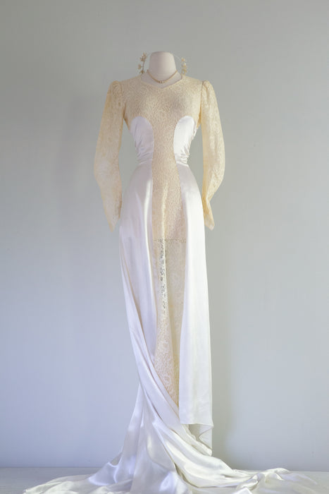 Vintage 1930's Pools of Light Satin & Lace Wedding Gown / SM