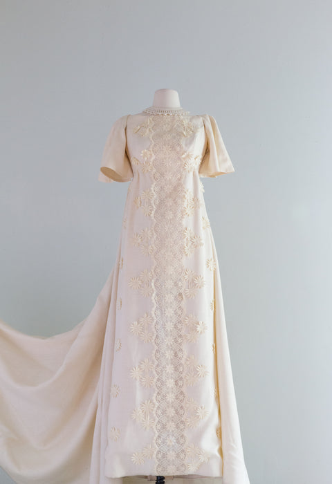 Ethereal 1960's Daisy Lace Wedding Gown With Detachable Jacket Train / Xtabay Vintage Ethereal 1960's Daisy Lace Wedding Gown With Detachable Jacket Train / Xtabay Vintage
