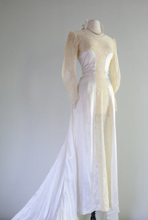 Vintage 1930's Pools of Light Satin & Lace Wedding Gown / SM