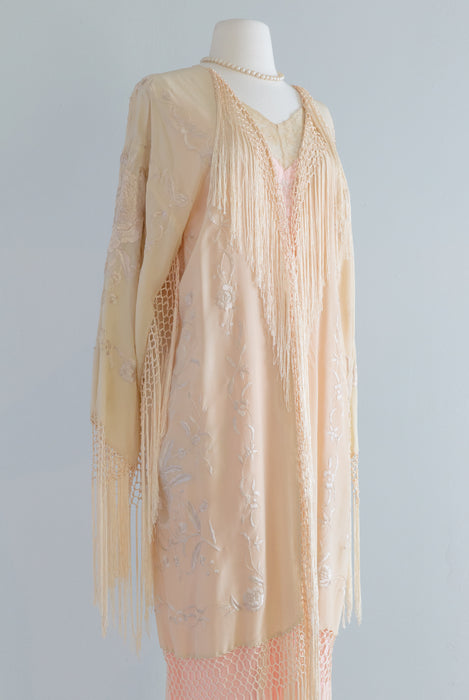 Antique Ivory Embroidered Silk Cantonese Fringed Robe / OSFM