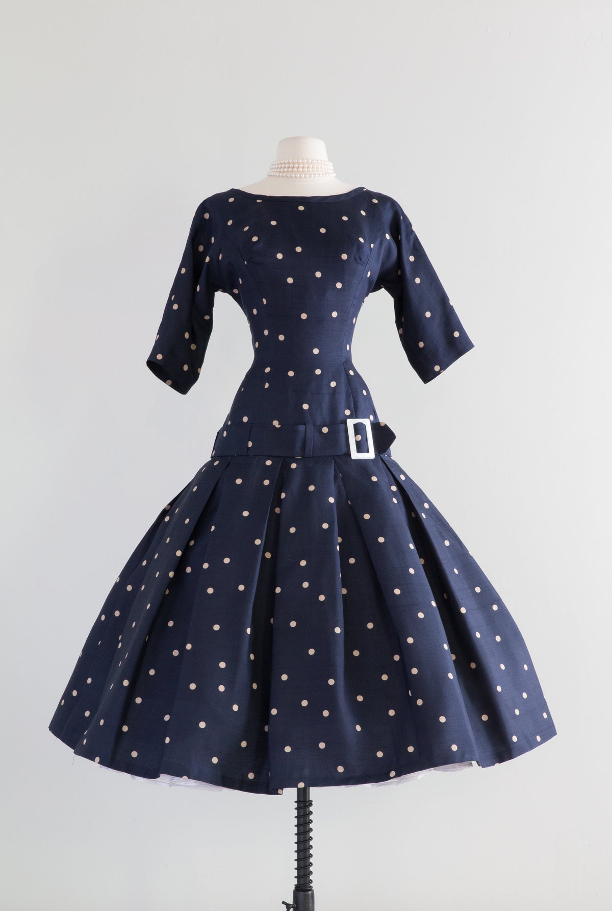 Iconic 1950's NEW LOOK Navy Blue & White Polka Dot Silk Dress By Natha –  Xtabay Vintage