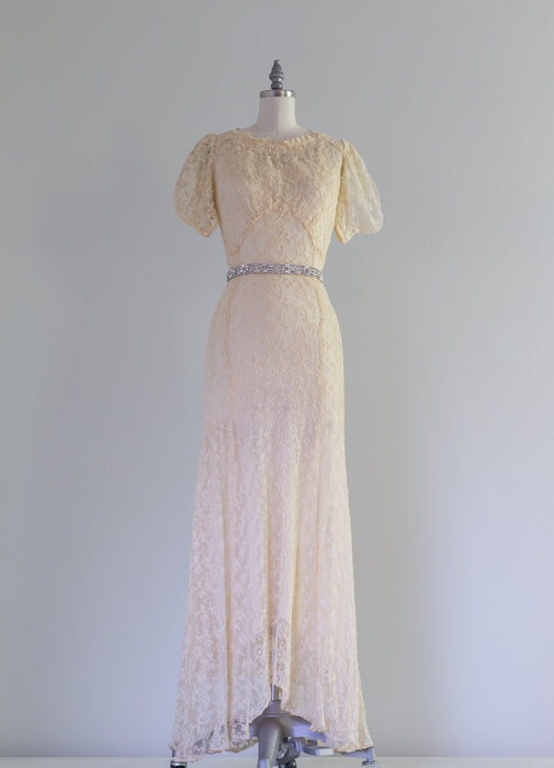 Exquisite 1930's Embroidered Net Wedding Gown With Slip and Belt / Small