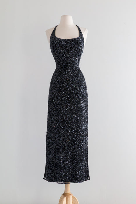 Vintage Black Beaded Evening Gown With Side Slit and Criss Cross Back / ML