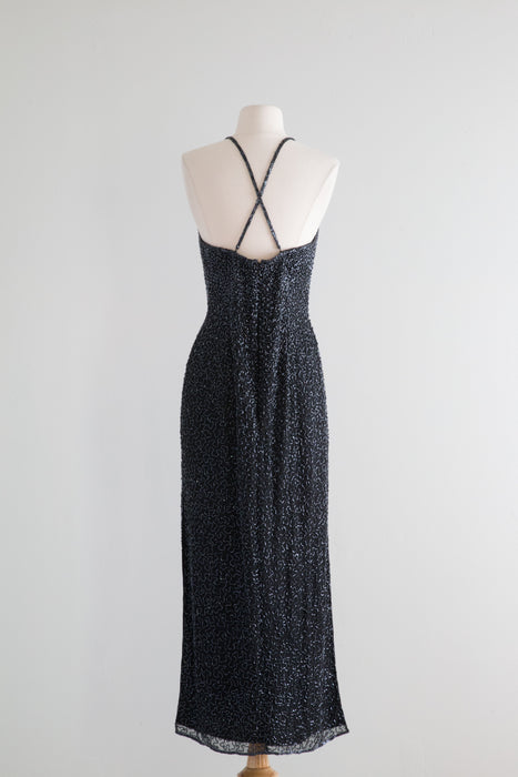 Vintage Black Beaded Evening Gown With Side Slit and Criss Cross Back / ML