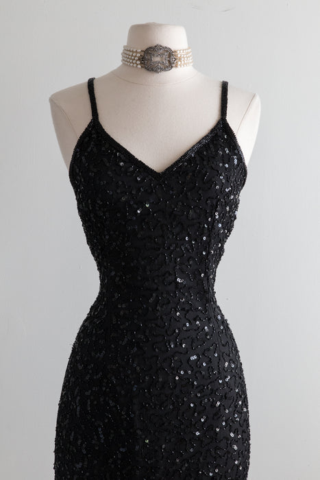 Vintage Black Beaded Silk Evening Gown / Small