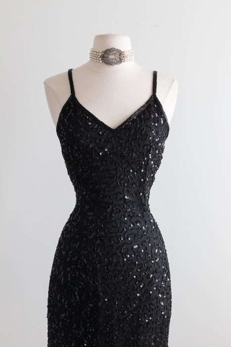 Vintage Black Beaded Silk Evening Gown / Small