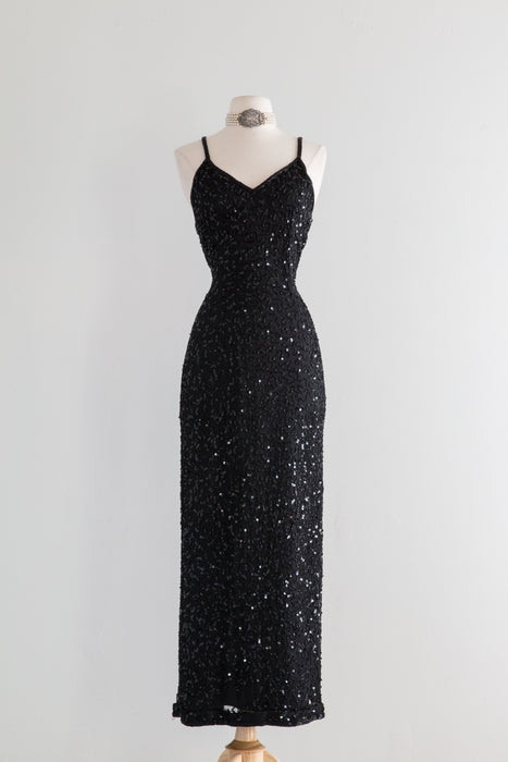 Vintage Black Beaded Silk Evening Gown / Small