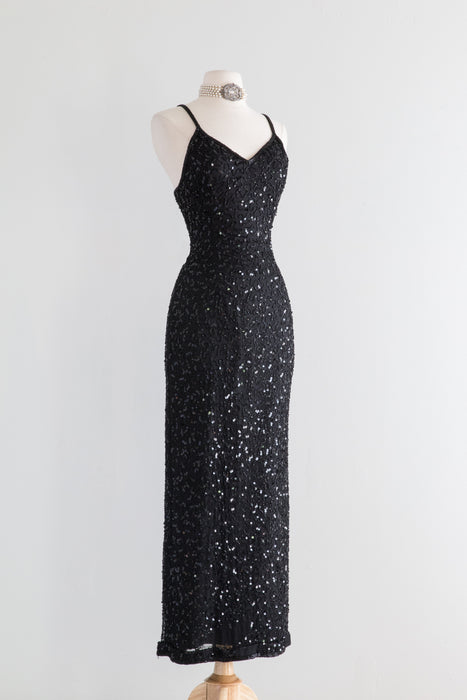 Vintage Black Beaded Silk Evening Gown / Small