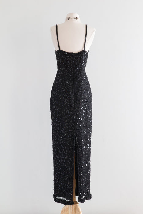 Vintage Black Beaded Silk Evening Gown / Small