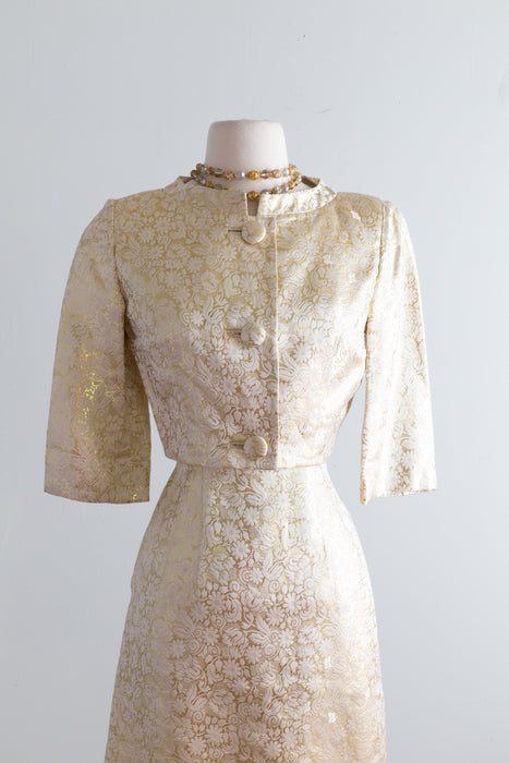 Fabulous 1960's Gold Brocade Cocktail Dress & Jacket Set / Small