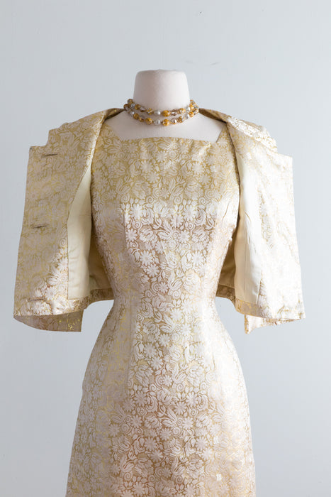 Fabulous 1960's Gold Brocade Cocktail Dress & Jacket Set / Small