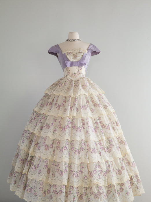 Spectacular 1950's Lavender Rose Print Ball Gown / Small