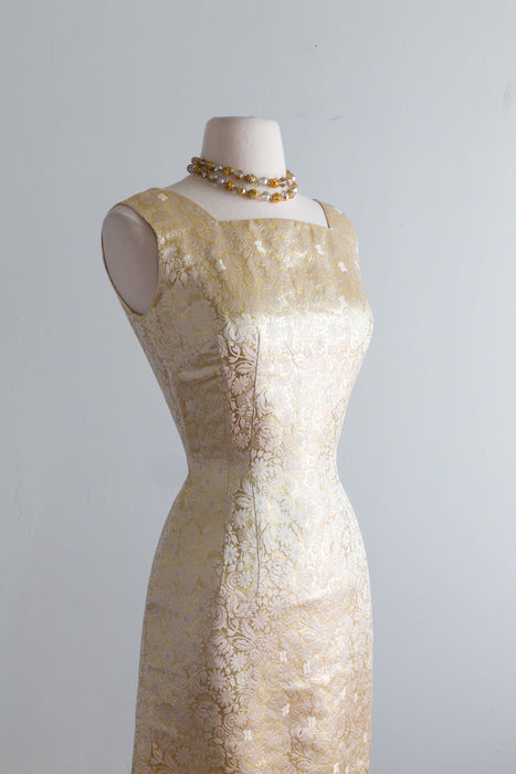 Fabulous 1960's Gold Brocade Cocktail Dress & Jacket Set / Small