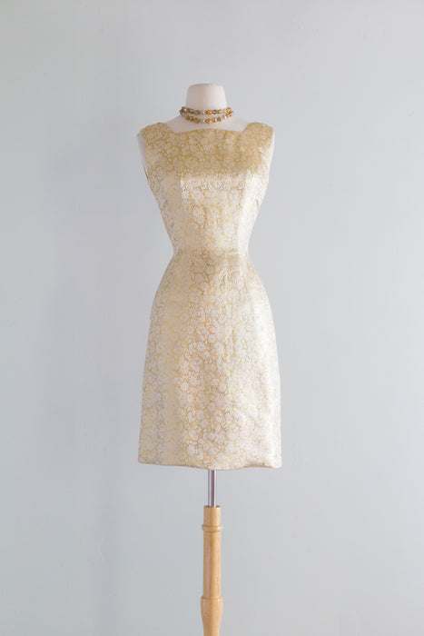 Fabulous 1960's Gold Brocade Cocktail Dress & Jacket Set / Small