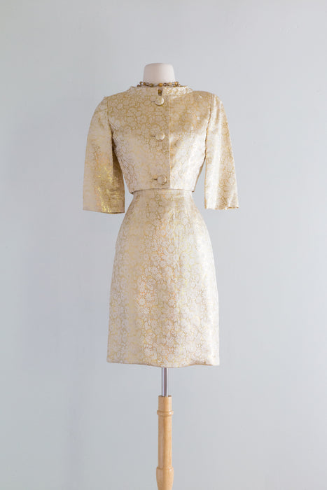 Fabulous 1960's Gold Brocade Cocktail Dress & Jacket Set / Small