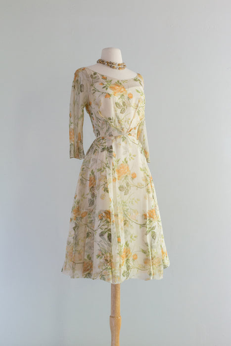 Gorgeous 1962 Silk Chiffon Peach Rose Print Cocktail Dress / ML