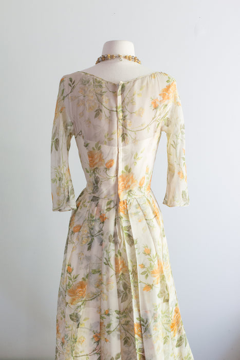 Gorgeous 1962 Silk Chiffon Peach Rose Print Cocktail Dress / ML