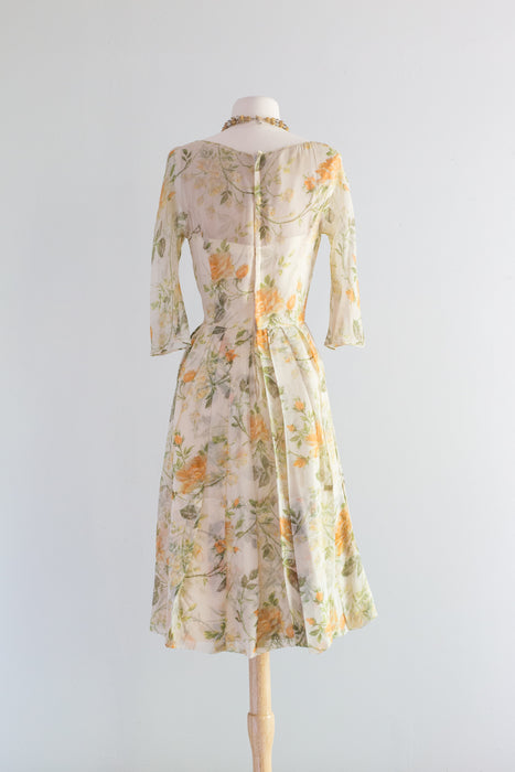 Gorgeous 1962 Silk Chiffon Peach Rose Print Cocktail Dress / ML