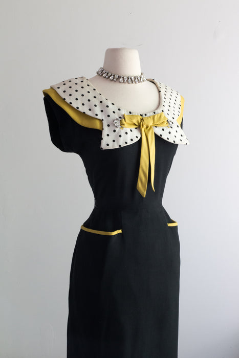 1950's Bee's Knees Black & Yellow Polka Dot Wiggle Dress / Medium