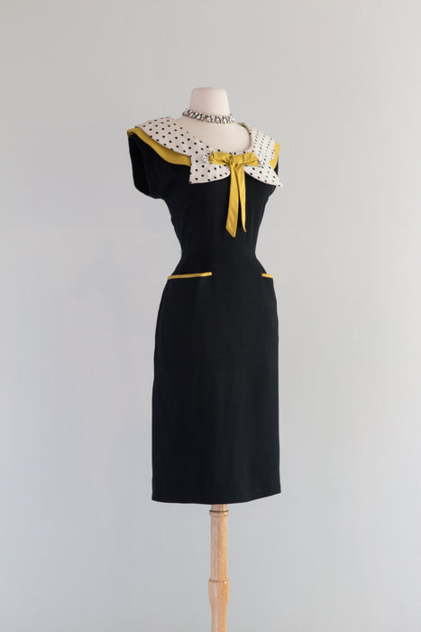 1950's Bee's Knees Black & Yellow Polka Dot Wiggle Dress / Medium