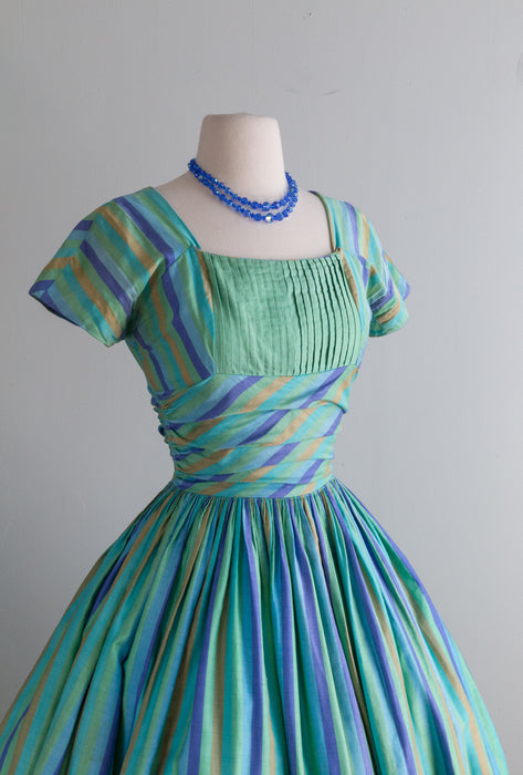 Fabulous 1950's Aquatic Striped Cotton Dress By Jonathan Logan / Small