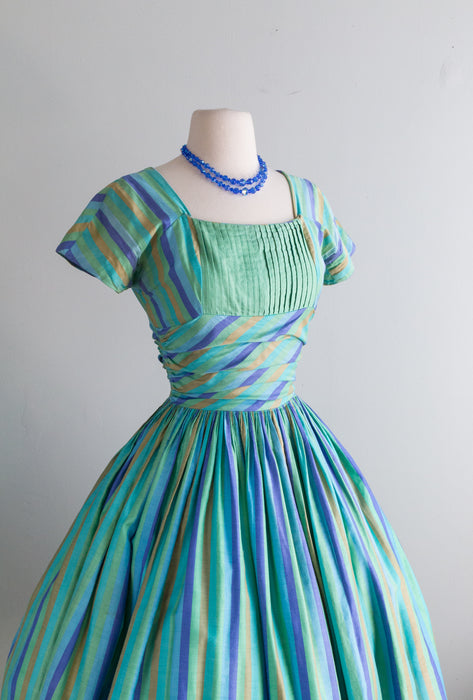Fabulous 1950's Aquatic Striped Cotton Dress By Jonathan Logan / Small
