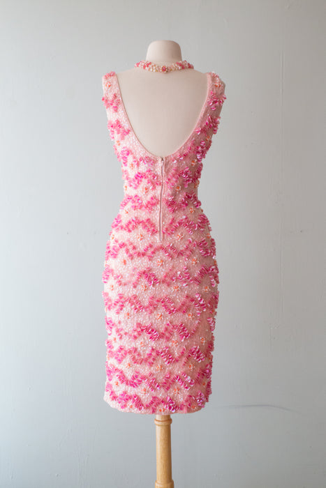 1960's Barbie Dream Dress Beaded Pink Hourglass Knit Showstopper / Medium