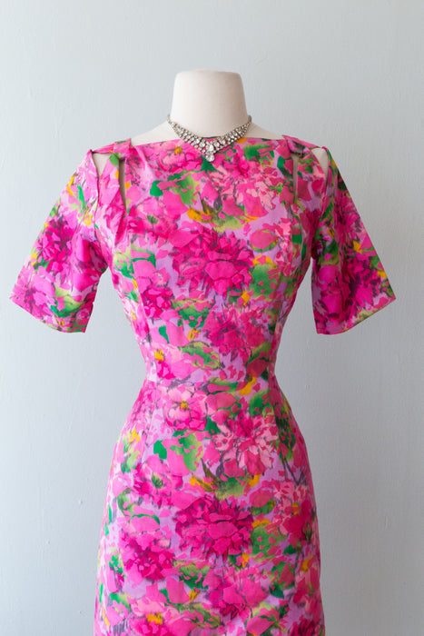 Luxurious 1960's Pink Floral Silk Brocade Couture Cocktail Dress / Medium