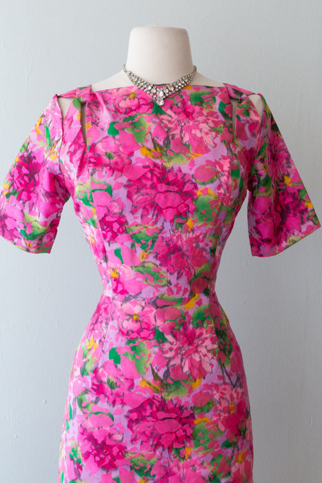 Luxurious 1960's Pink Floral Silk Brocade Couture Cocktail Dress / Medium