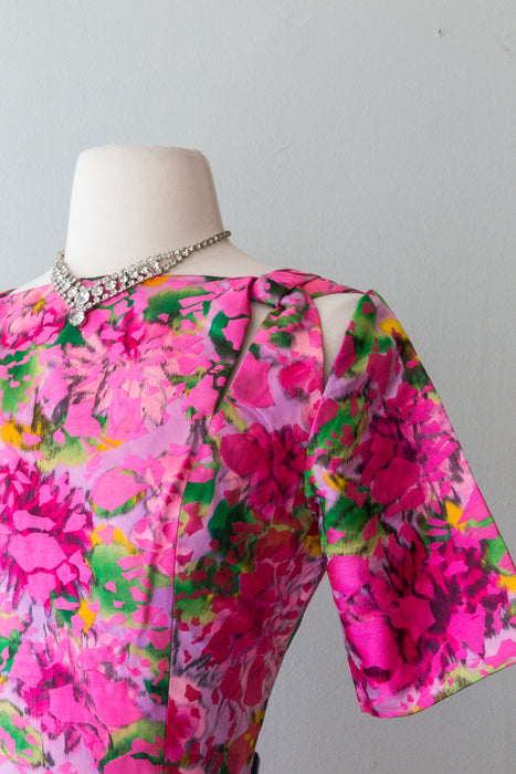 Luxurious 1960's Pink Floral Silk Brocade Couture Cocktail Dress / Medium