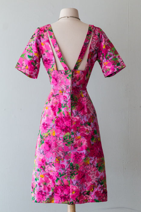 Luxurious 1960's Pink Floral Silk Brocade Couture Cocktail Dress / Medium