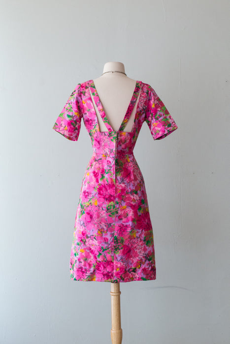 Luxurious 1960's Pink Floral Silk Brocade Couture Cocktail Dress / Medium