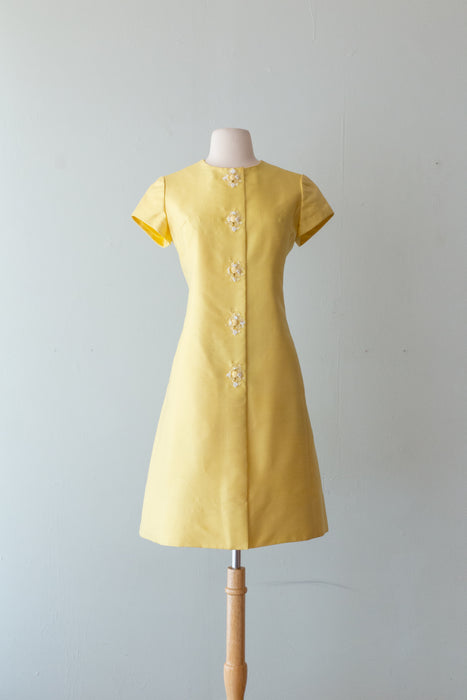 Fabulous 1960's Dynasty Silk Shantung Occasion Dress in Lemonade / Medium