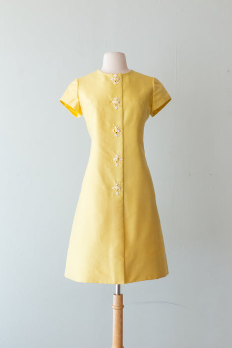 Fabulous 1960's Dynasty Silk Shantung Occasion Dress in Lemonade / Medium