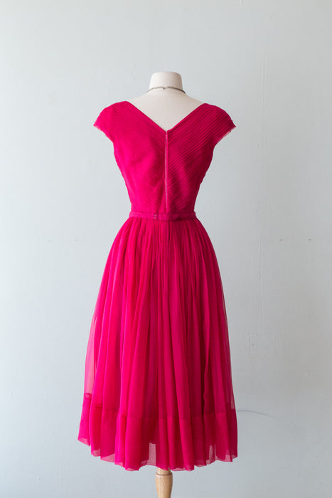 Sublime 1950's Silk Chiffon Cocktail Dress in Fuchsia Pink / SM