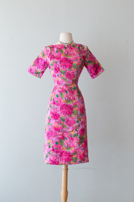 Luxurious 1960's Pink Floral Silk Brocade Couture Cocktail Dress / Medium