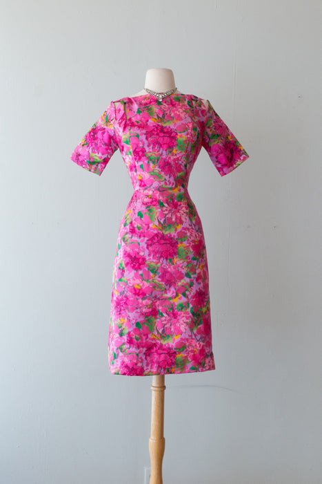 Luxurious 1960's Pink Floral Silk Brocade Couture Cocktail Dress / Medium