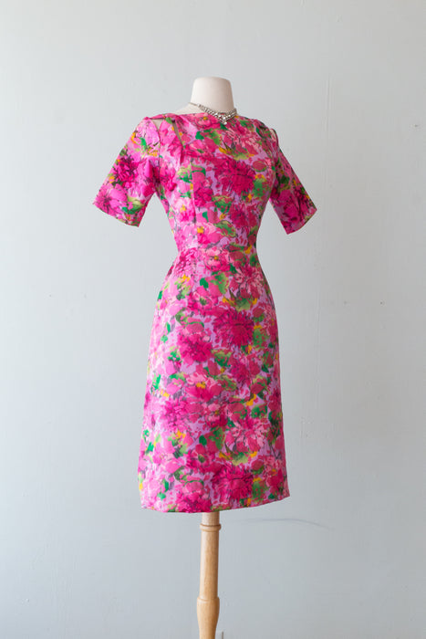 Luxurious 1960's Pink Floral Silk Brocade Couture Cocktail Dress / Medium