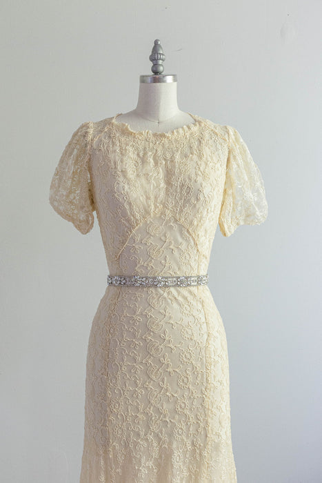 Exquisite 1930's Embroidered Net Wedding Gown With Slip and Belt / Small