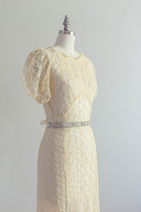 Exquisite 1930's Embroidered Net Wedding Gown With Slip and Belt / Small