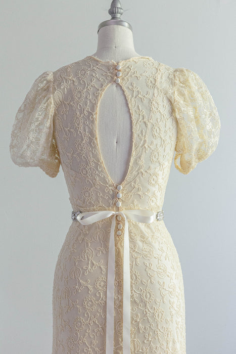 Exquisite 1930's Embroidered Net Wedding Gown With Slip and Belt / Small